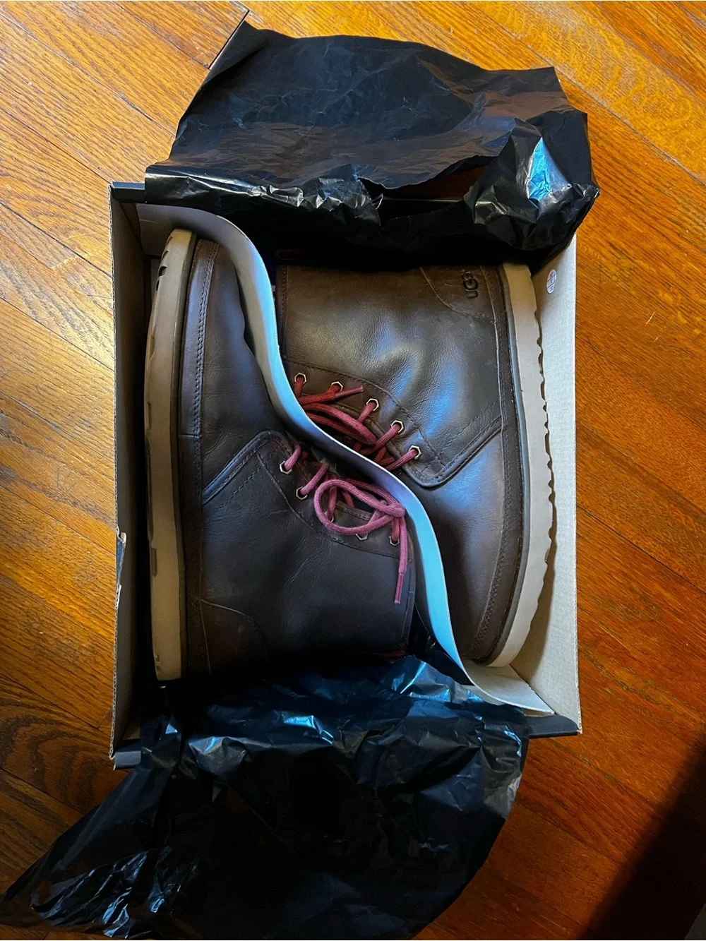 UGG Men's Brown Leather Chukka Boots with Red Laces (w/ additional brown laces)